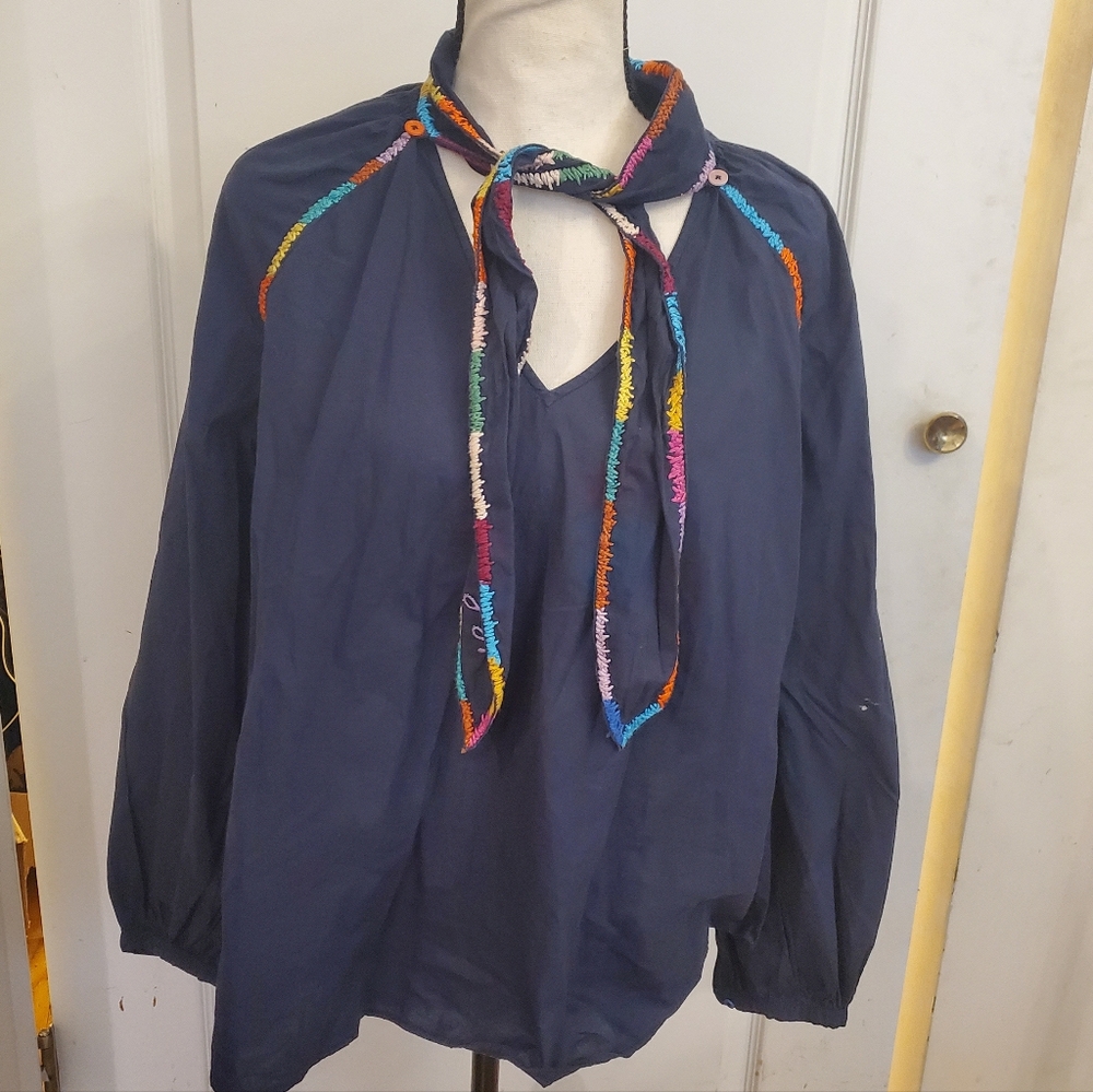 Lingua Franca Navy Blouse with Colorful Embroidered Trim sz L